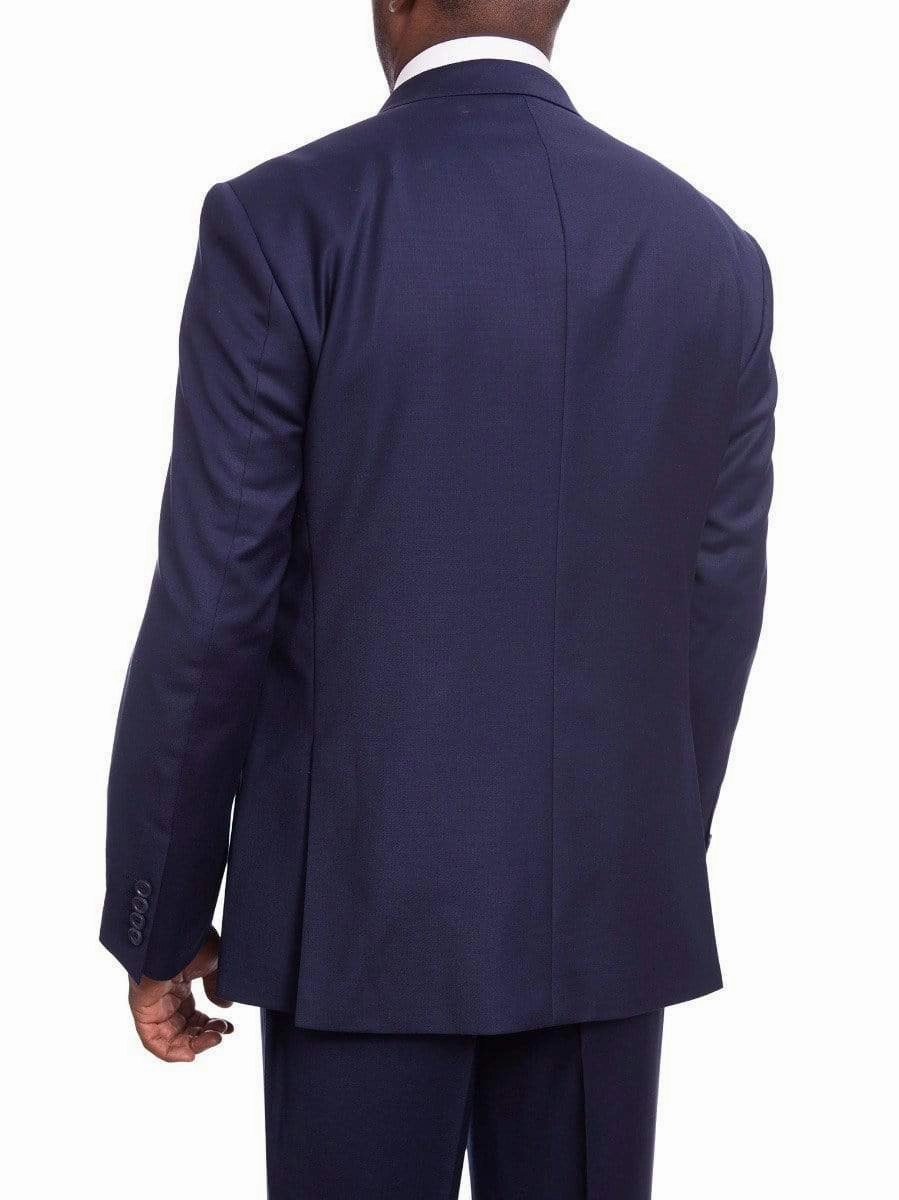 Mens Classic Fit Solid Navy Blue Double Breasted Wool Suit Peak Lapels