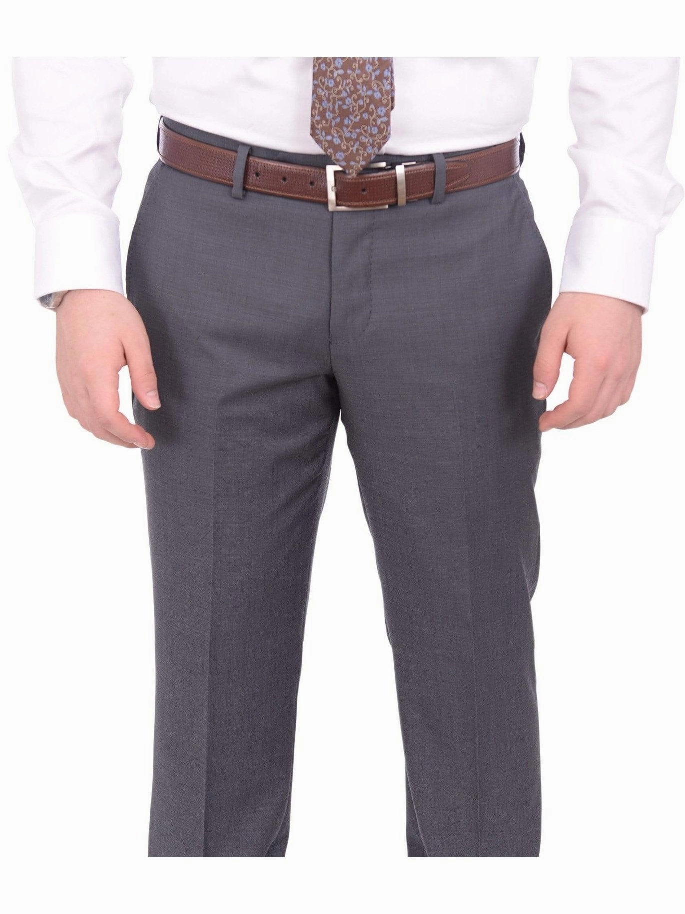 Mens Extra Slim Fit Heather Gray Blue Textured Two Button Wool Blend Suit