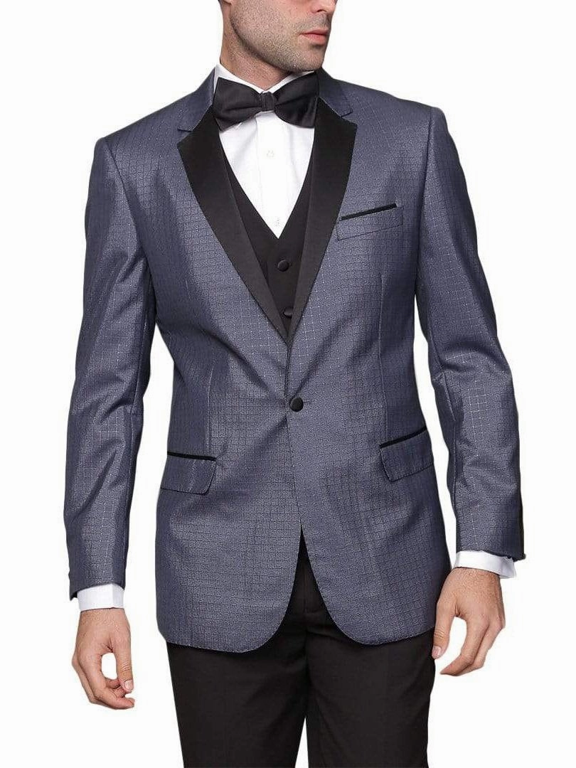 Mens Modern Fit Blue Sharkskin Plaid Three Piece One ButtonTuxedo Tux Suit