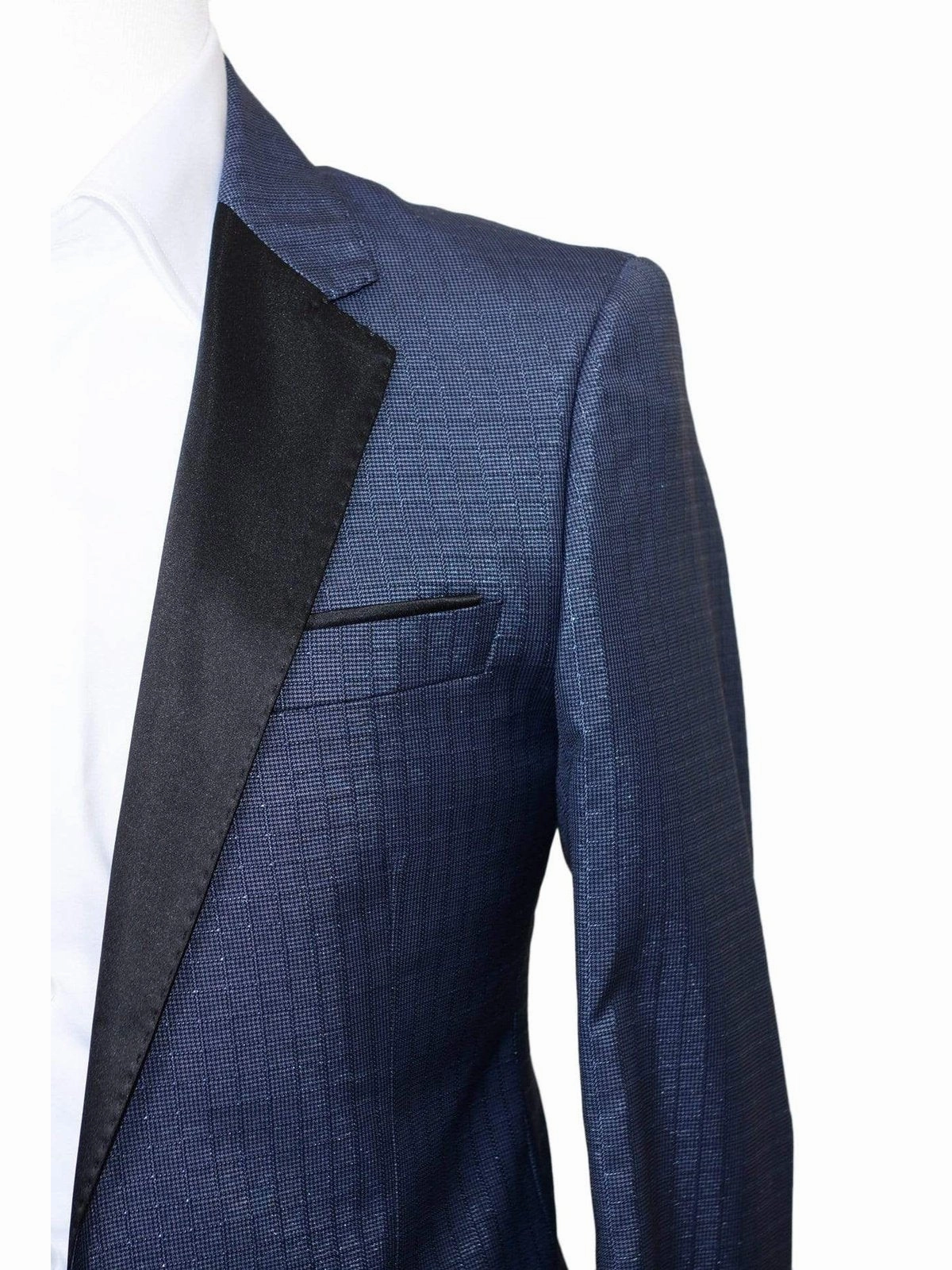 Mens Modern Fit Blue Sharkskin Plaid Three Piece One ButtonTuxedo Tux Suit