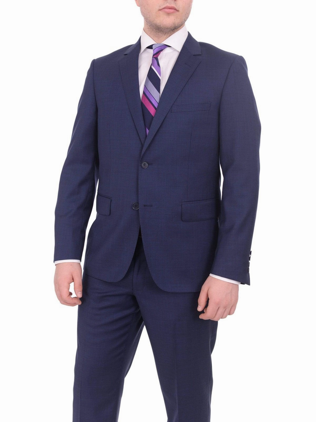 Mens Modern Fit Blue Textured Two Button Wool Suit