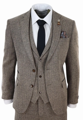 Mens Oak Brown 3 Piece Tweed Suit Vintage Harringbone 1920s Retro Peaky Blinders
