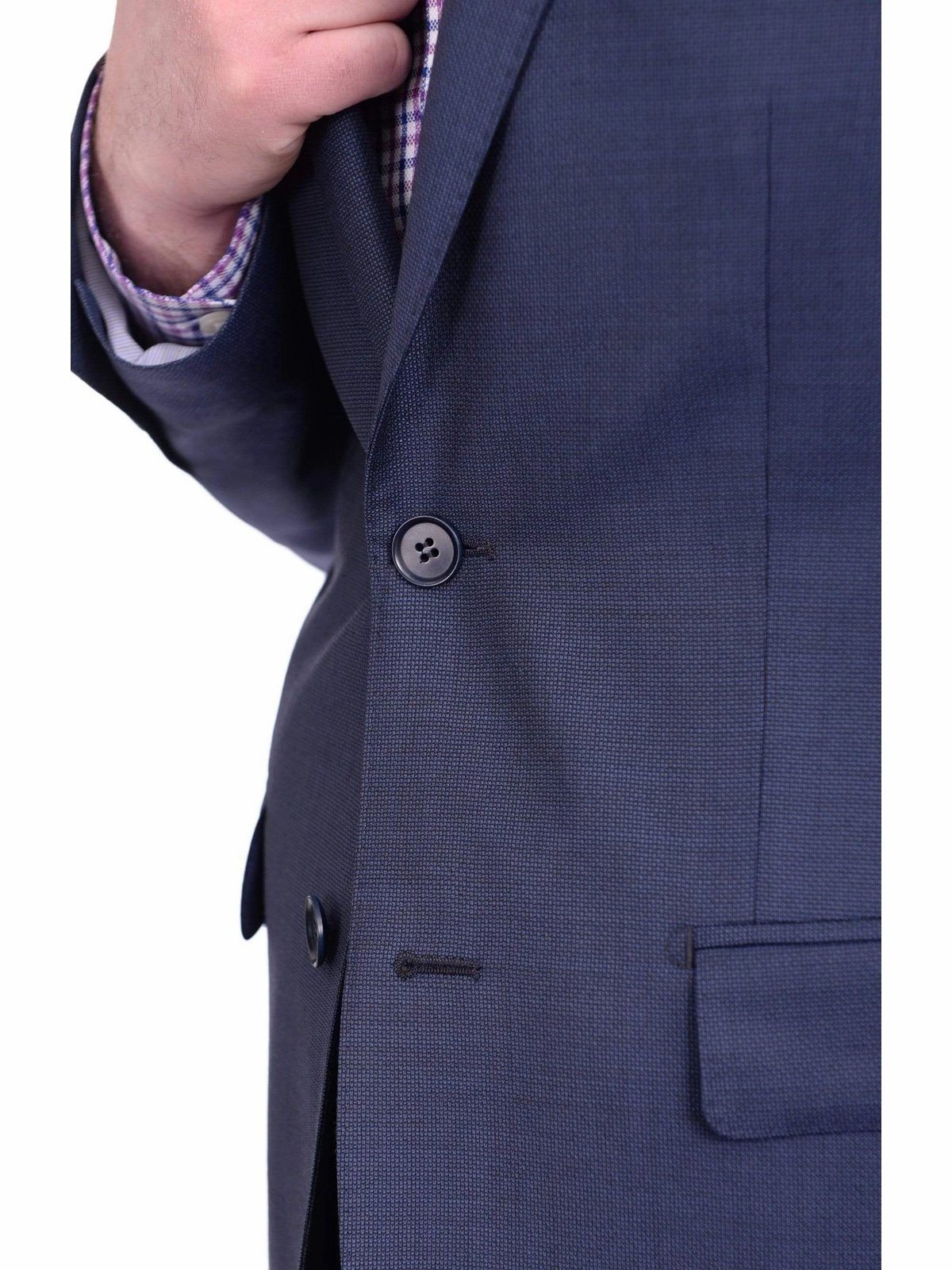 Mens Slim Fit Navy Blue Textured Two Button Wool Suit