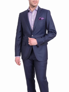 Mens Slim Fit Navy Blue Textured Two Button Wool Suit