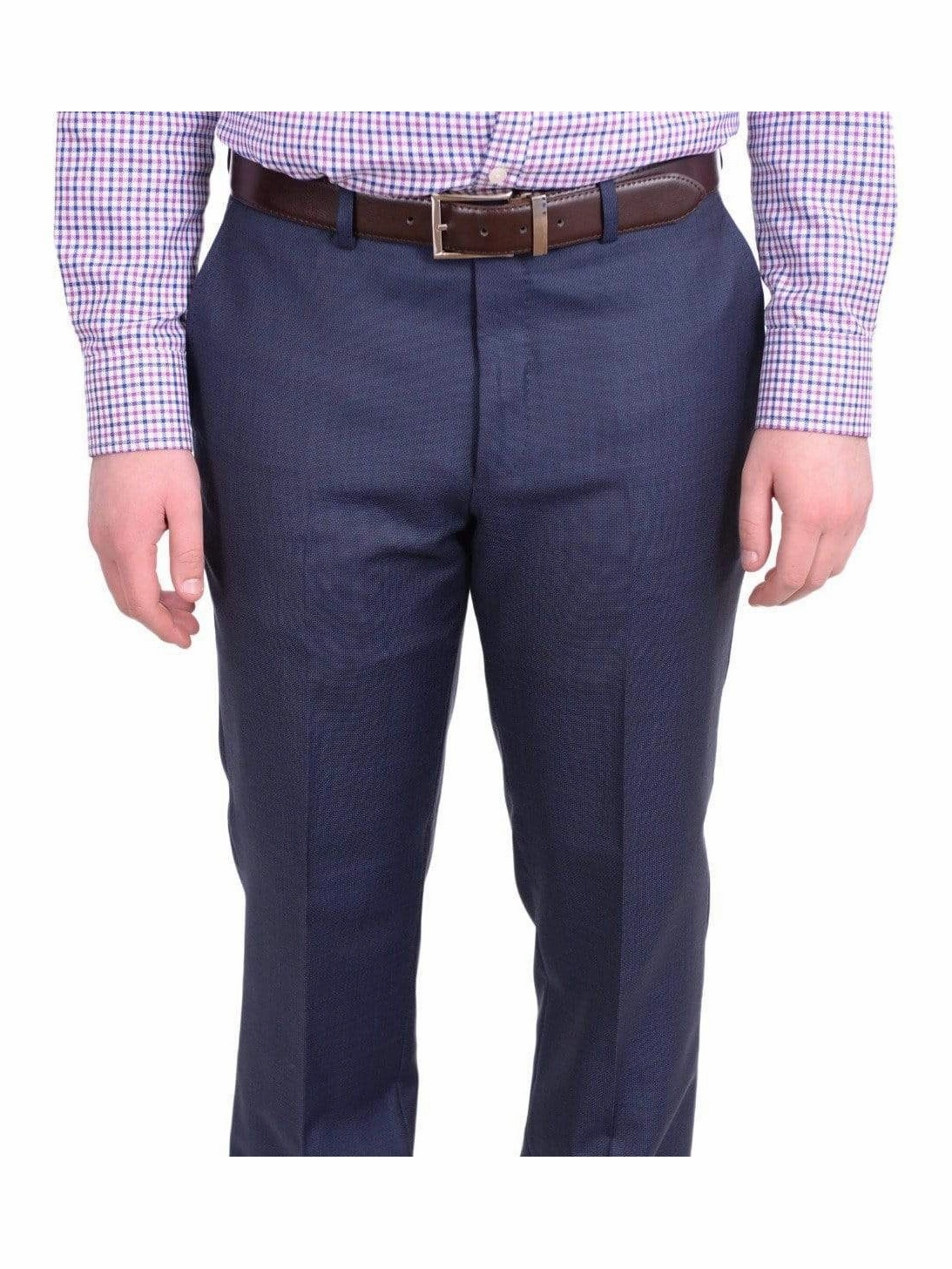 Mens Slim Fit Navy Blue Textured Two Button Wool Suit