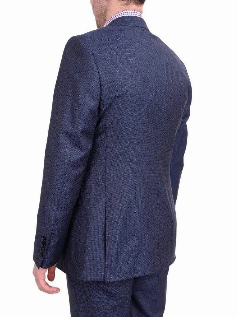 Mens Slim Fit Navy Blue Textured Two Button Wool Suit