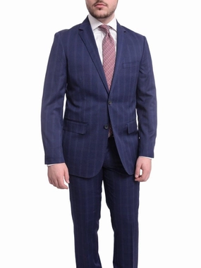 Mens Slim Fit Navy Blue With Blue & Maroon Windowpane Two Button Wool Suit