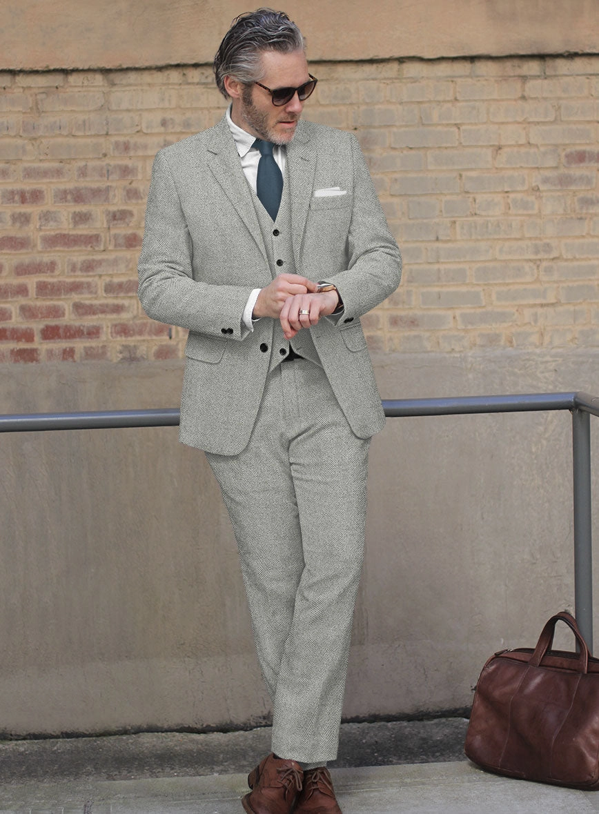 Naples Wide Herringbone Light Gray Tweed Suit