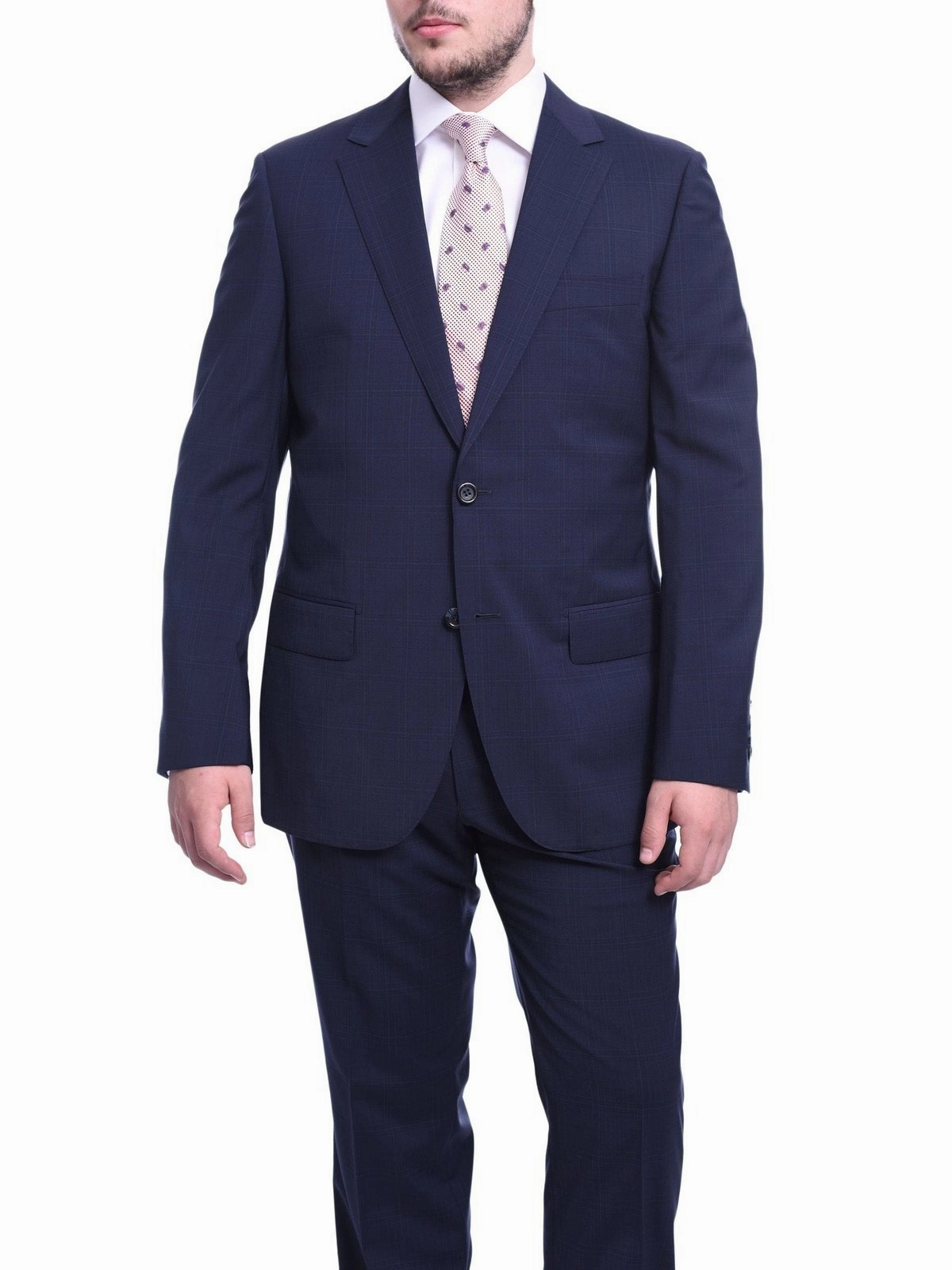 Napoli Classic Fit Blue Plaid Windowpane Two Button Half Canvassed Wool Suit