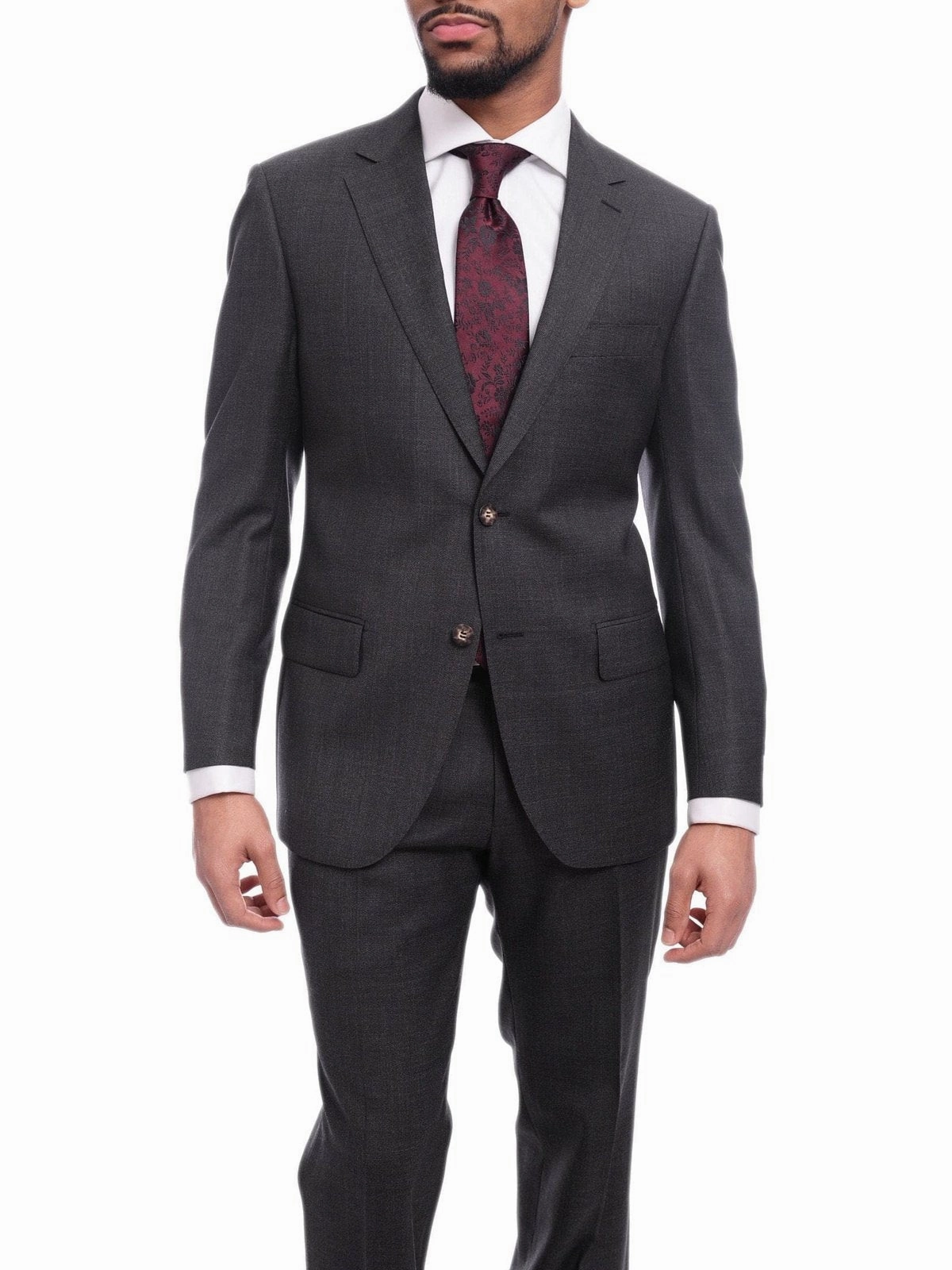 Napoli Classic Fit Textured Charcoal Gray Two Button Half Canvassed Wool Suit