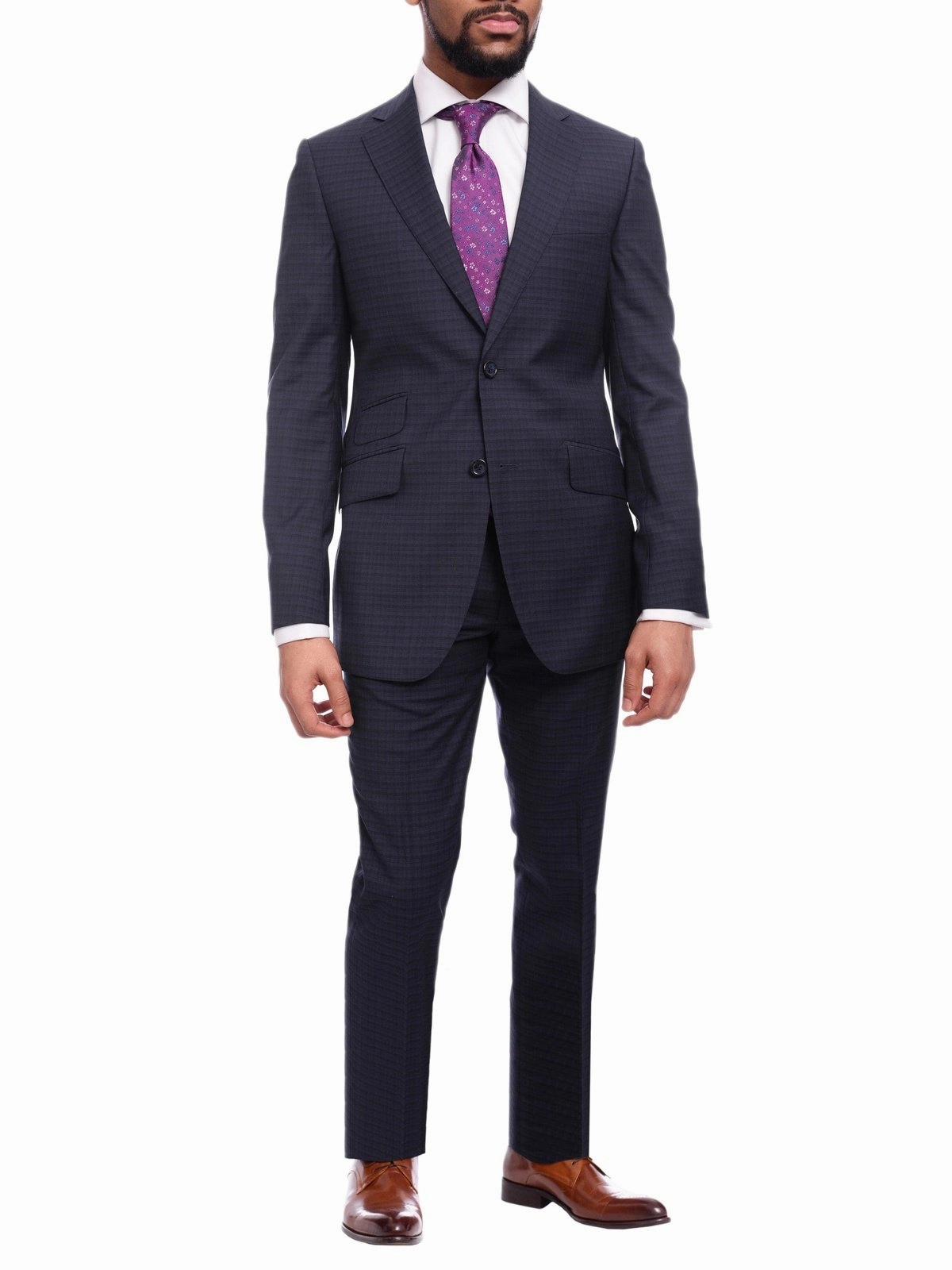 Napoli Slim Fit Blue & Black Check Two Button Half Canvassed Wool Suit