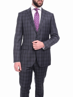 Napoli Slim Fit Navy Blue Glen Plaid Two Button Half Canvassed Reda Wool Suit