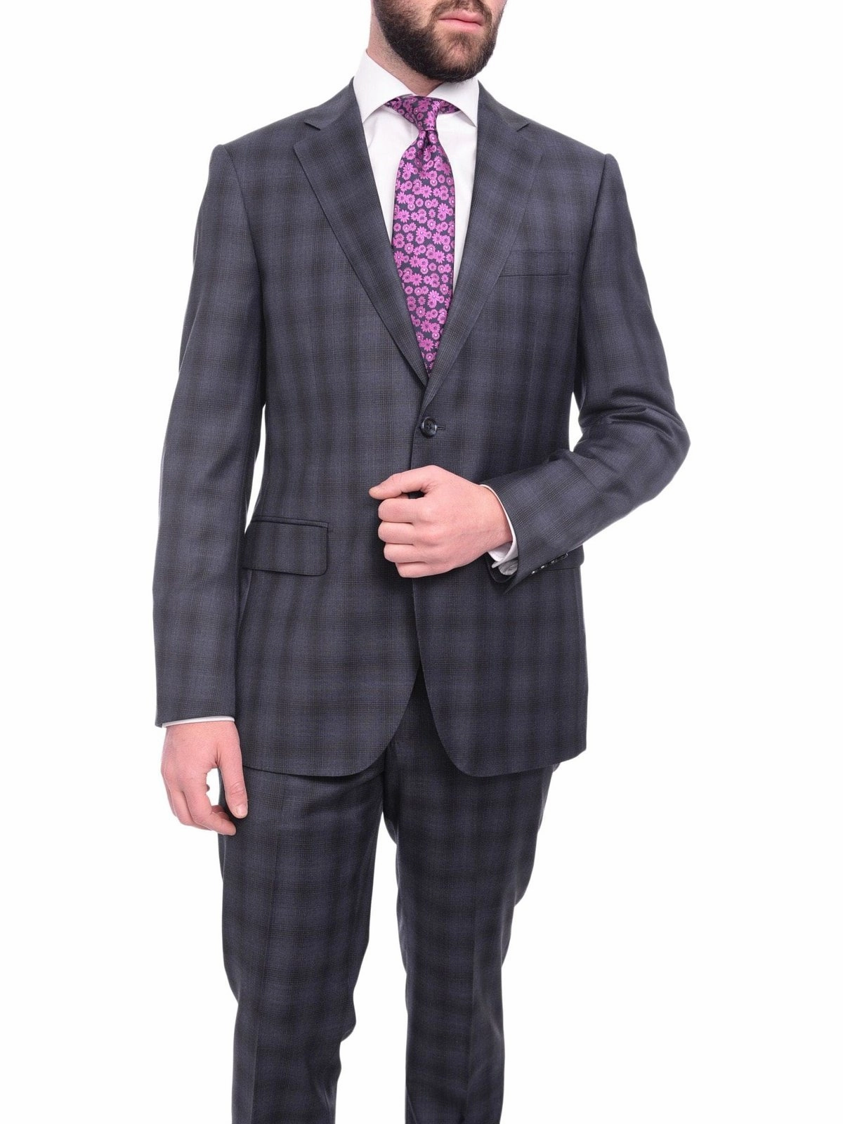 Napoli Slim Fit Navy Blue Glen Plaid Two Button Half Canvassed Reda Wool Suit