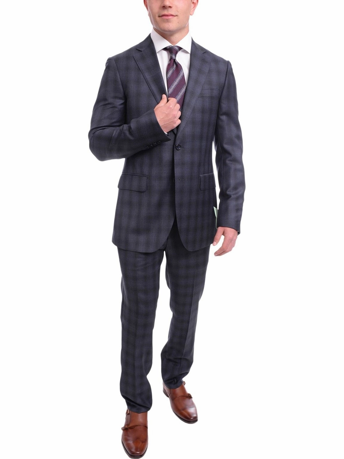 Napoli Slim Fit Navy Blue Glen Plaid Two Button Half Canvassed Reda Wool Suit