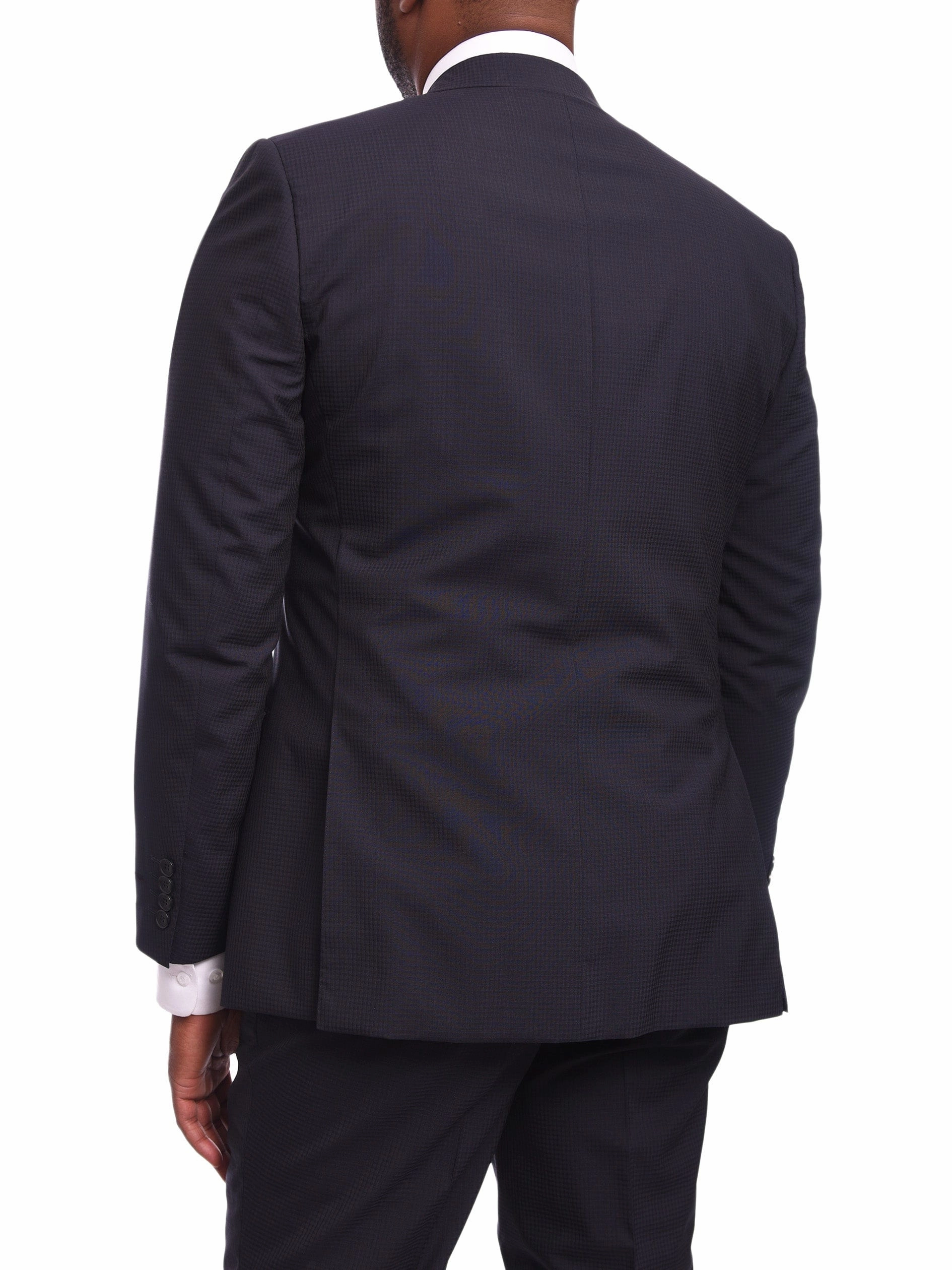 Napoli Slim Fit Navy Blue Tonal Check Half Canvassed Marzotto Wool Suit