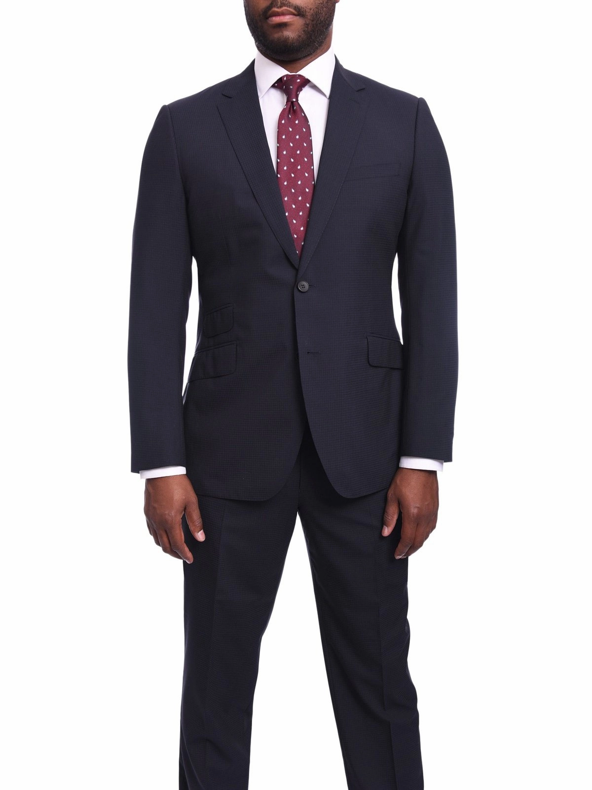Napoli Slim Fit Navy Blue Tonal Check Half Canvassed Marzotto Wool Suit