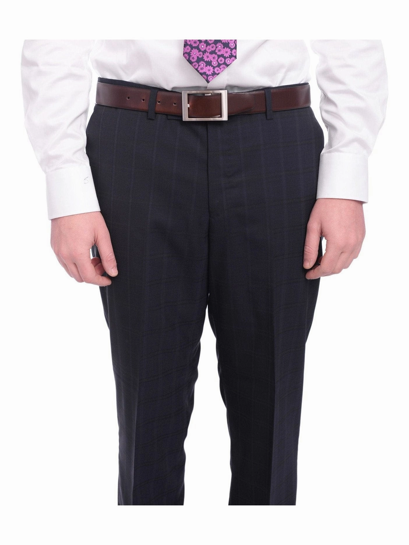 Napoli Slim Fit Navy Blue Windowpane Plaid Two Button Half Canvassed Wool Suit