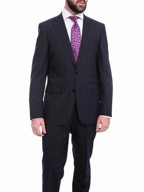 Napoli Slim Fit Navy Blue Windowpane Plaid Two Button Half Canvassed Wool Suit
