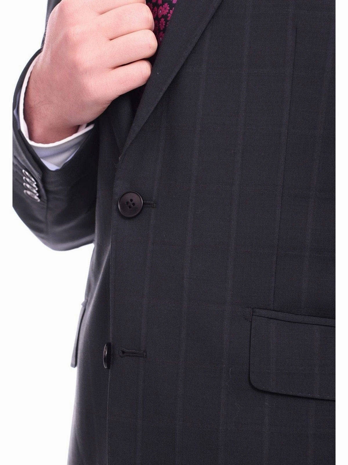 Napoli Slim Fit Navy Blue Windowpane Plaid Two Button Half Canvassed Wool Suit