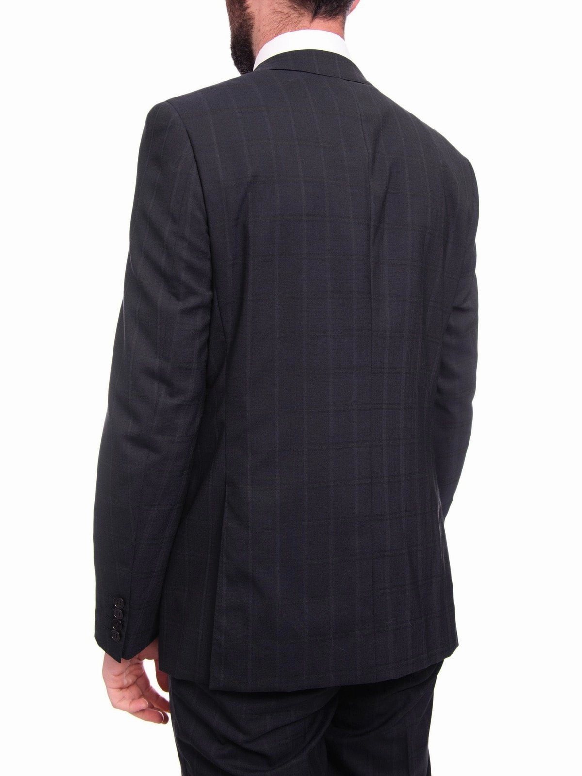 Napoli Slim Fit Navy Blue Windowpane Plaid Two Button Half Canvassed Wool Suit