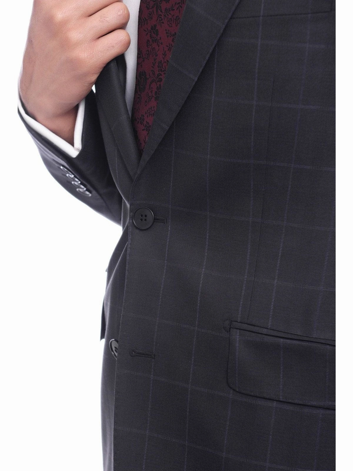 Napoli Slim Fit Navy Blue Windowpane Two Button Half Canvassed Wool Suit