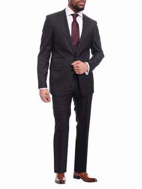Napoli Slim Fit Navy Blue Windowpane Two Button Half Canvassed Wool Suit