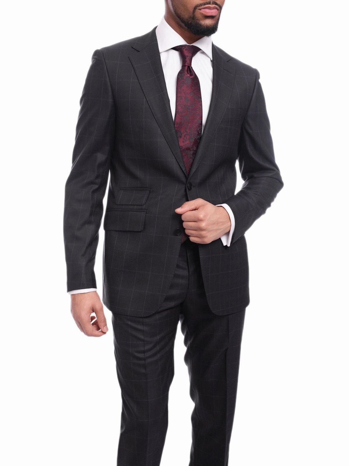 Napoli Slim Fit Navy Blue Windowpane Two Button Half Canvassed Wool Suit