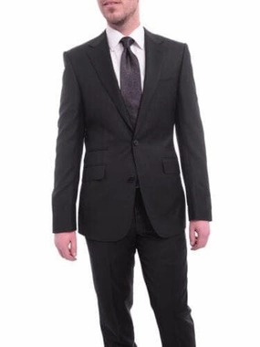 Napoli Slim Fit Solid Black Half Canvassed Wool Cashmere Suit Ticket Pocket Peak Lapel