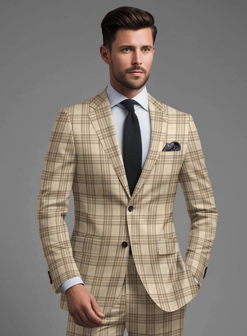 Noble Beige Check Wool Silk Linen Suit