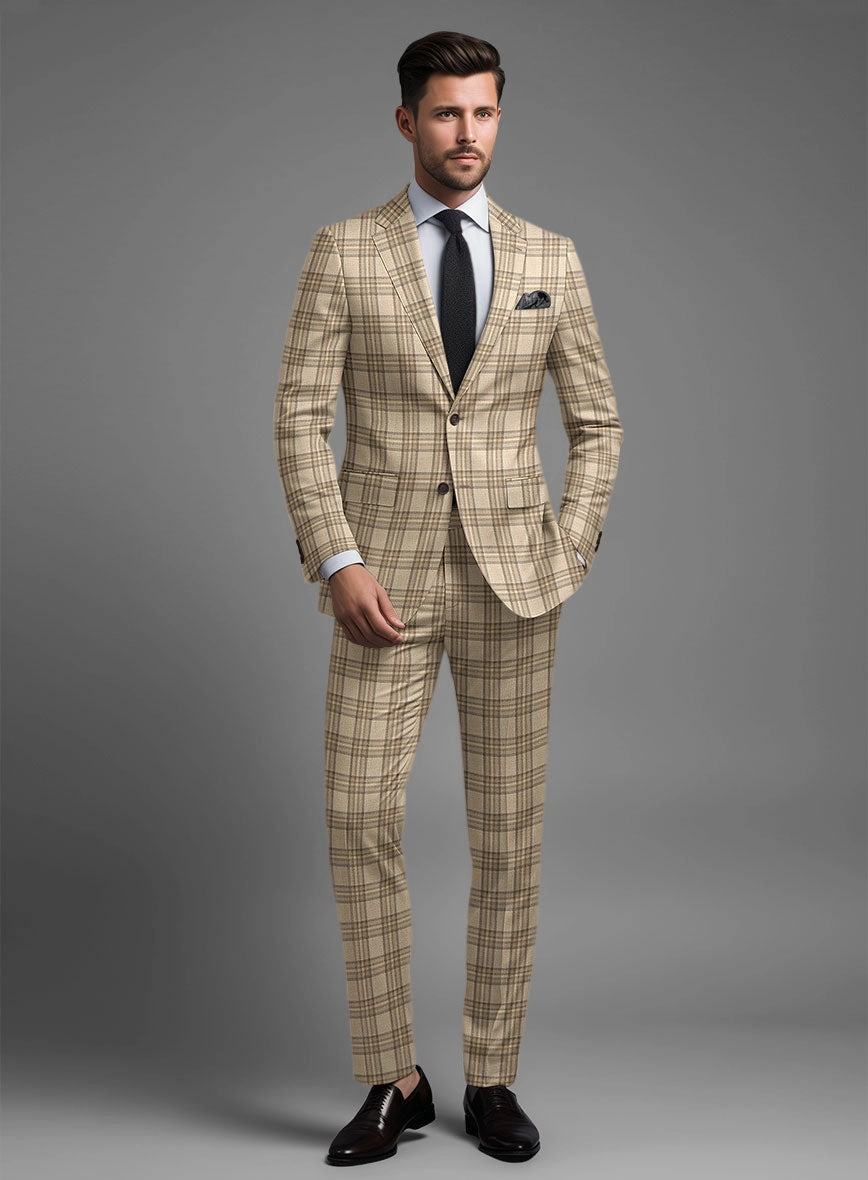 Noble Beige Check Wool Silk Linen Suit