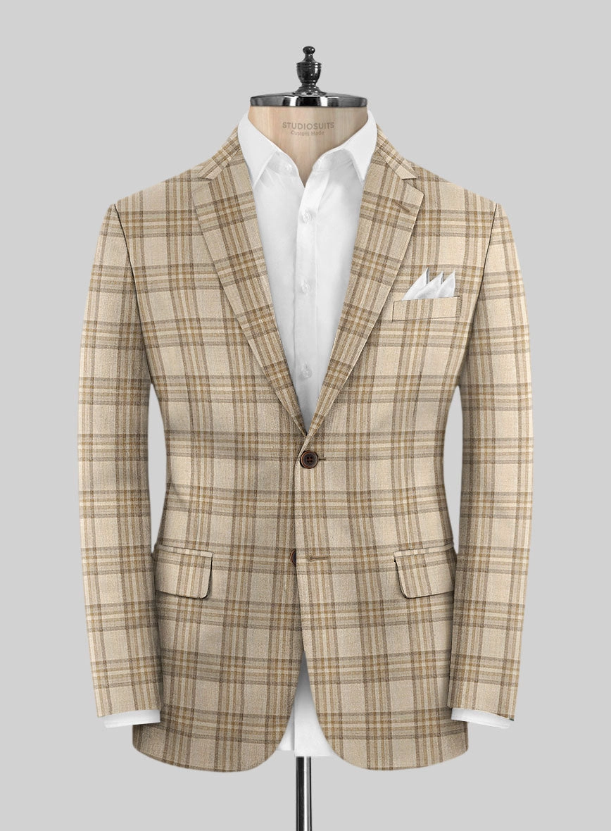 Noble Beige Check Wool Silk Linen Suit