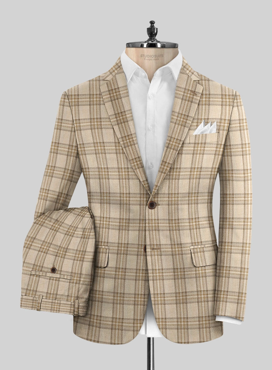 Noble Beige Check Wool Silk Linen Suit