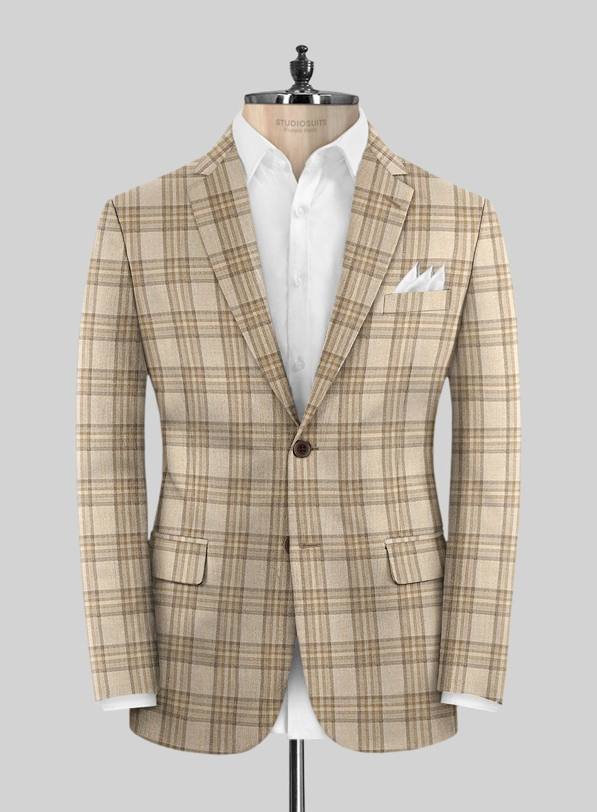 Noble Beige Check Wool Silk Linen Suit