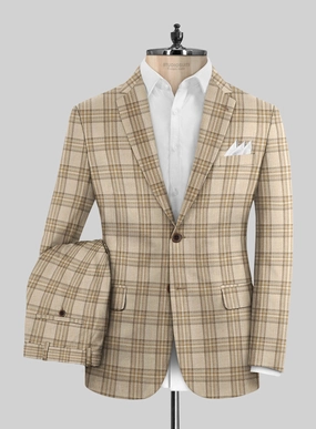 Noble Beige Check Wool Silk Linen Suit