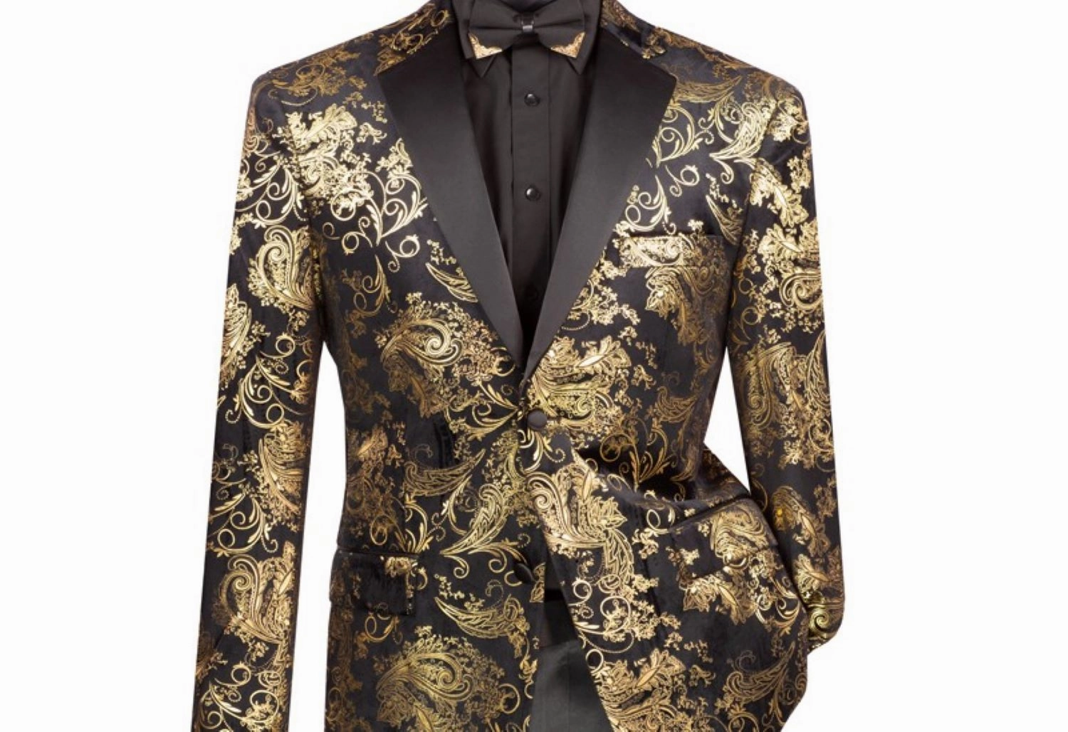 Orionis Collection: Black & Gold Paisley Embossed Satin Peak Lapel Velvet Blazer – Modern Fit