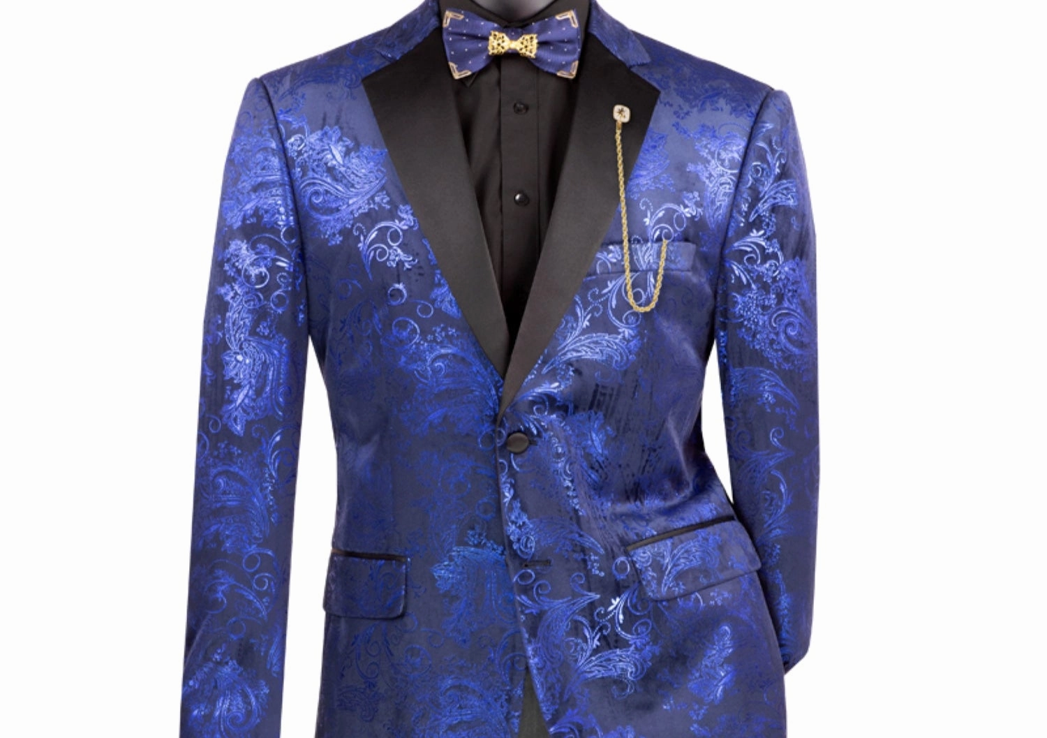 Orionis Collection: Blue Paisley Embossed Satin Peak Lapel Velvet Blazer – Modern Fit