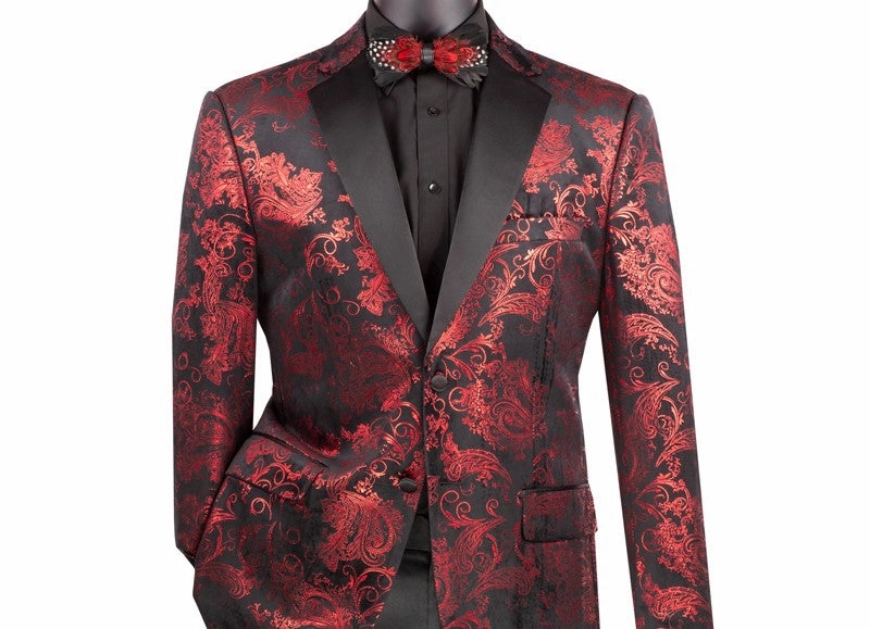 Orionis Collection: Red Paisley Embossed Satin Peak Lapel Velvet Blazer – Modern Fit