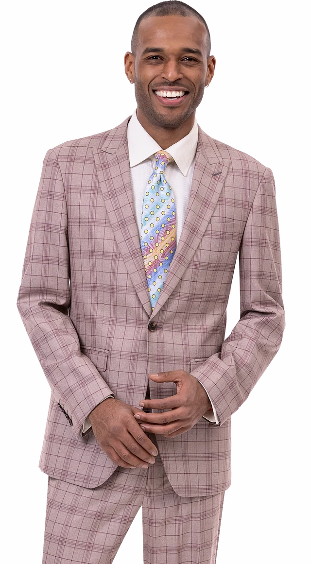 Pale Pink Plaid Three Piece Regular Fit Fashion Suit M2768