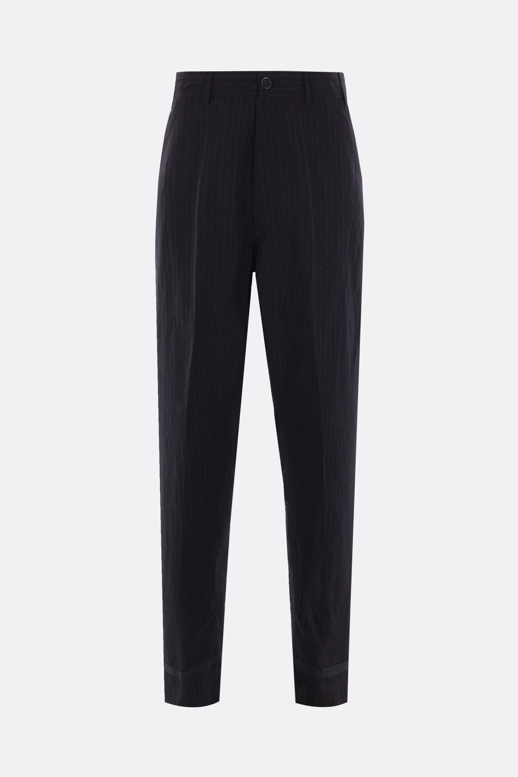 pinstriped linen and wool trousers