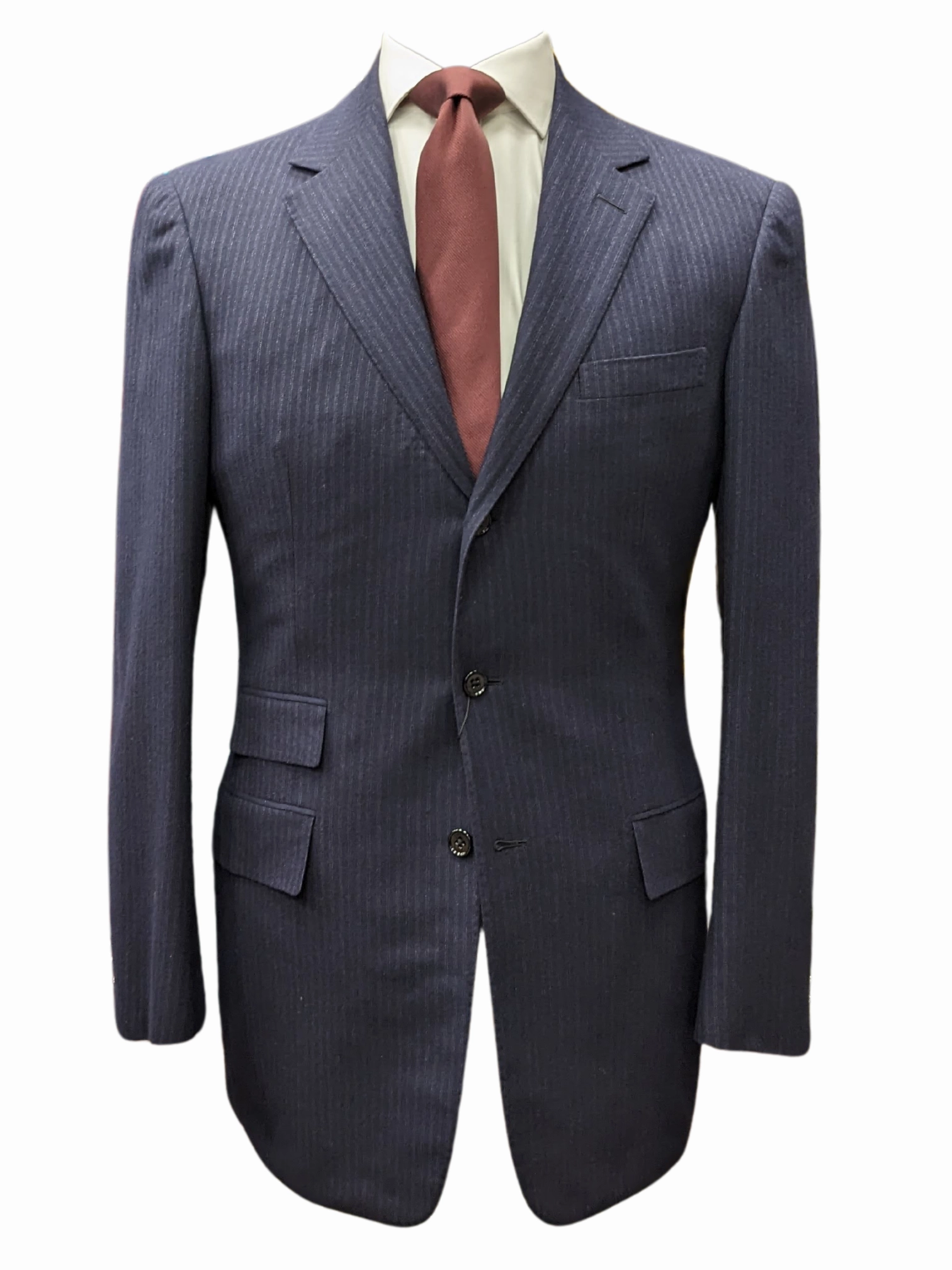 Ralph Lauren Purple Labels Mens 38L Navy Blue Pinstriped 3 Button 100% Wool Suit