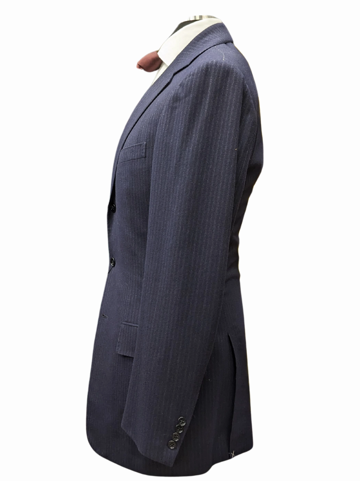 Ralph Lauren Purple Labels Mens 38L Navy Blue Pinstriped 3 Button 100% Wool Suit