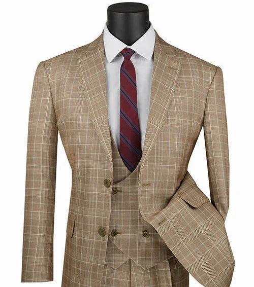 Regular Fit Camel Glen Plaid Three-Piece Suit