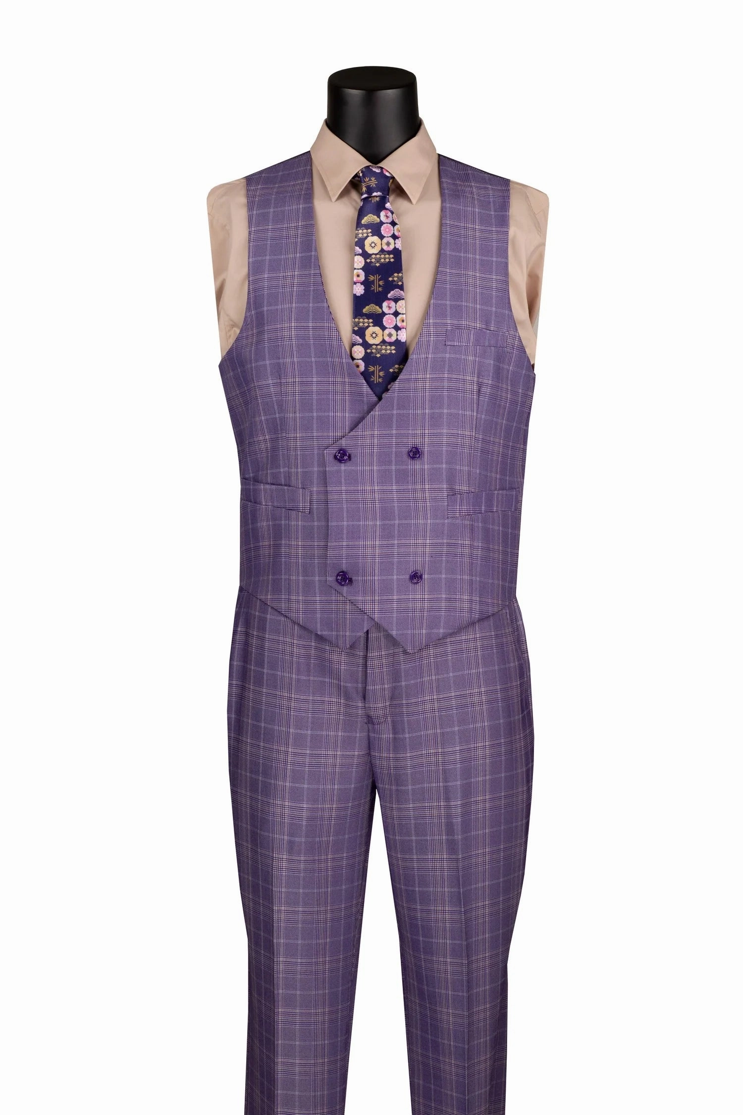 Regular Fit Light Purple Glen Plaid Three-Piece Suit