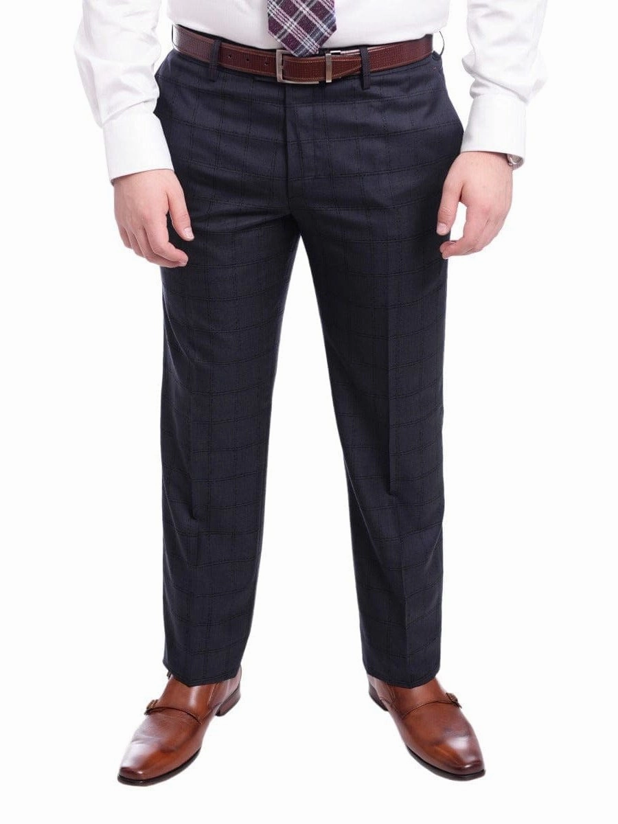 Robert Graham Slim Fit Navy Blue Windowpane Two Button Wool Silk Blend Suit