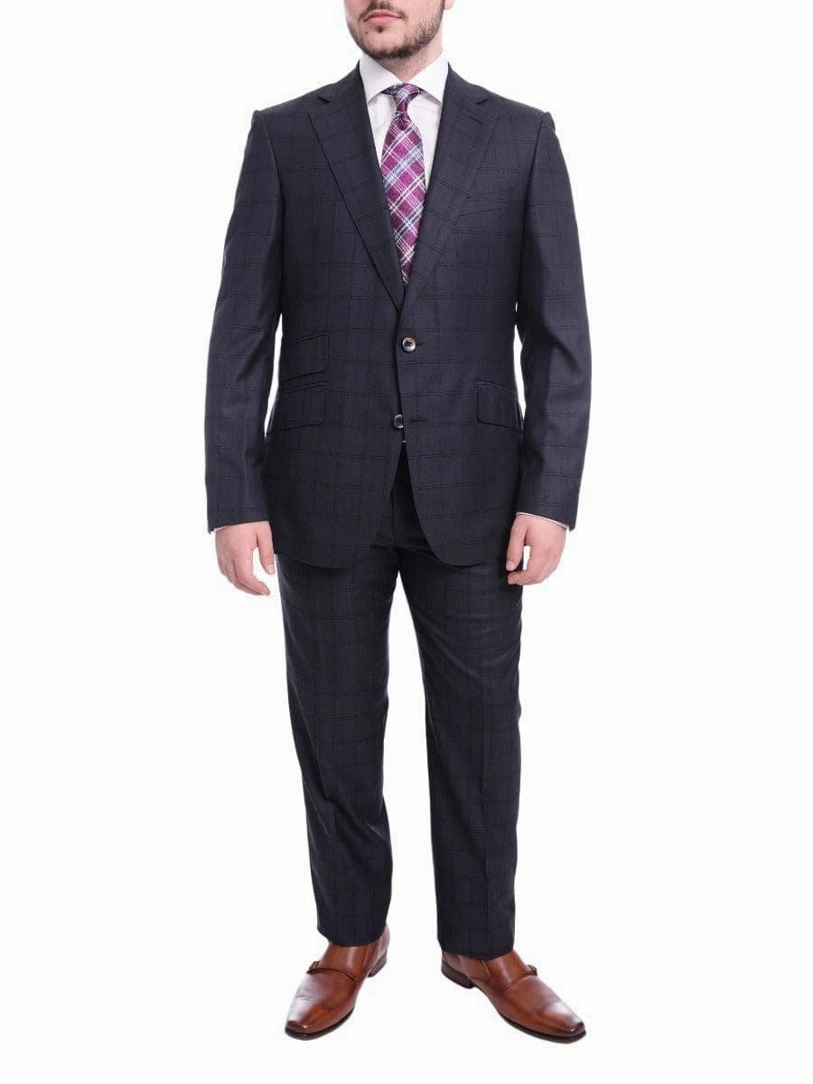 Robert Graham Slim Fit Navy Blue Windowpane Two Button Wool Silk Blend Suit