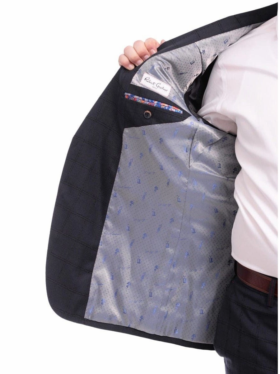 Robert Graham Slim Fit Navy Blue Windowpane Two Button Wool Silk Blend Suit