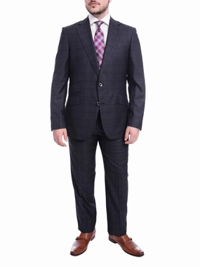 Robert Graham Slim Fit Navy Blue Windowpane Two Button Wool Silk Blend Suit