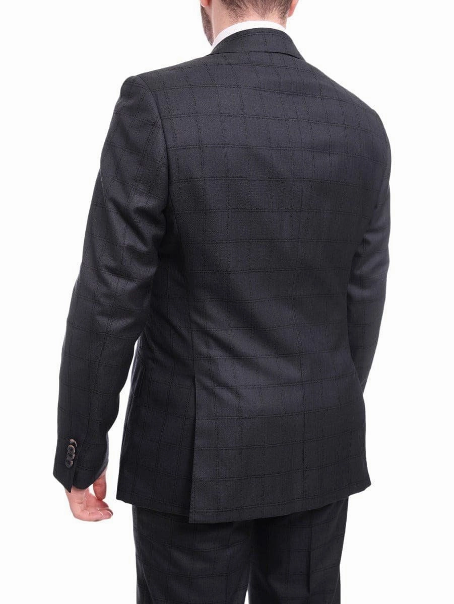 Robert Graham Slim Fit Navy Blue Windowpane Two Button Wool Silk Blend Suit