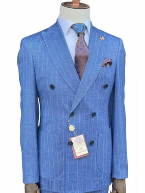 Romaster Mens Slim Fit Blue Pinstriped Double Breasted Linen Blend 2 Piece Suit