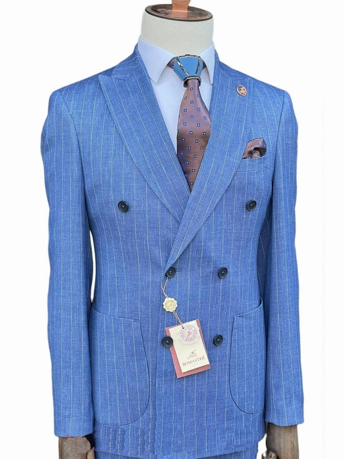 Romaster Mens Slim Fit Blue Pinstriped Double Breasted Linen Blend 2 Piece Suit